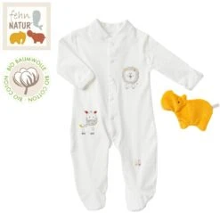 Fehn 056471 Schlafanzug FehnNATUR – Baby-Pyjama Set Mit Strampler & Spieltier Aus Bio-Baumwolle Für Babys Von 0-3 Monaten – Größe: 62