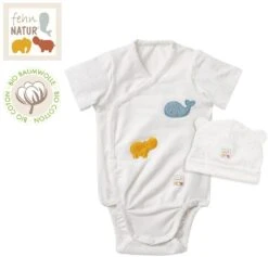 Fehn 056563 Body & Mütze FehnNATUR (62/68) – Baby-Erstausstattungs-Set: Wickelbody & Beanie Aus Zertifizierter Bio-Baumwolle (kbA), Perfektes Unisex-Geschenkset Zur Geburt Oder Taufe