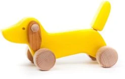 Schiebetier Schiebelaufrad Nachziehspielzeug Ziehtier Holz - Hund Dackel Puppy Gelb